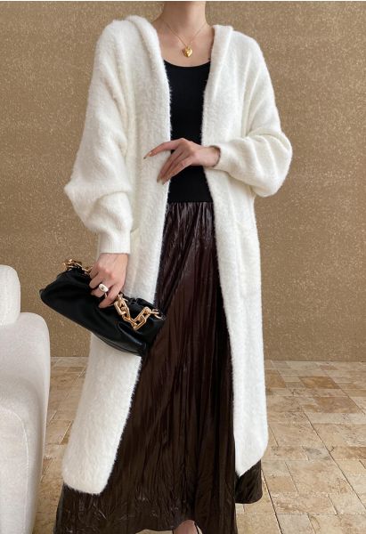 Fluffy Open Front Hooded Longline Knit Cardigan in White