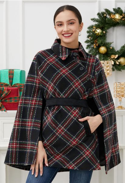 Button Wrap Tie Sash Tartan Cape Coat in Black