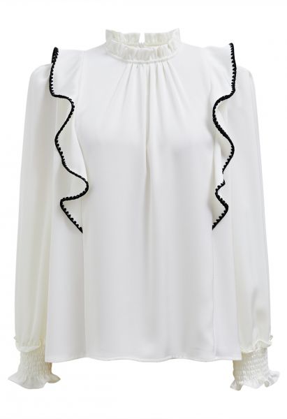 Black Stitch Ruffle Puff Sleeve Shirt in White