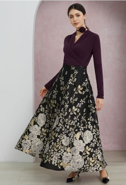 Golden Hour Peony Metallic Jacquard A-Line Maxi Skirt 