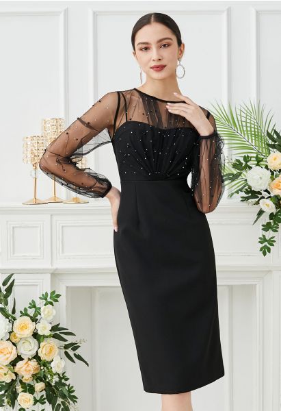 Glamorous Pearl Decor Mesh Spliced Midi Dress in Black