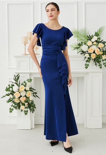 Cascade Ruffle Split Front Sleek Gown in Navy