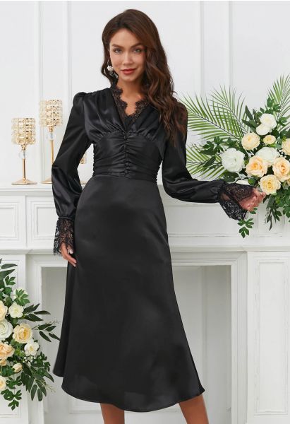 Lace Trim Ruched High Waist Satin Midi Dress in Black