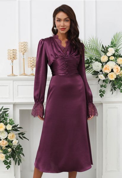 Lace Trim Ruched High Waist Satin Midi Dress in Plum Retro Indie and Unique Fashion