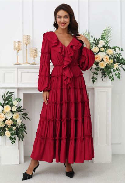 Dramatic Tiered Ruffles V-Neck Maxi Dress in Red