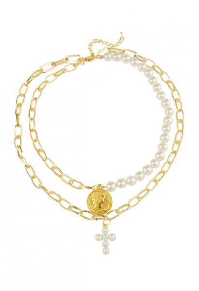 Gold Coin Layered Pearl Chain Necklace