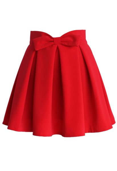 Sweet Your Heart Bowknot Pleated Skirt in Ruby