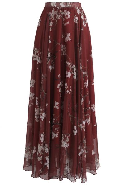 Plum Blossom Watercolor Maxi Skirt in Wine