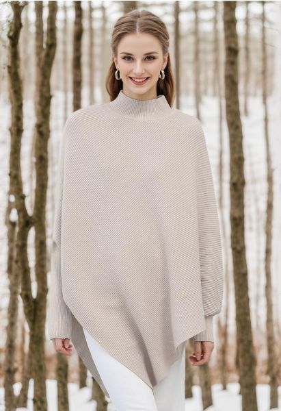 Asymmetric Batwing Sleeve Ribbed Knit Poncho in Oatmeal