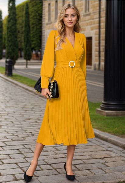 Graceful Pleats Faux-Wrap Belted Midi Dress in Yellow