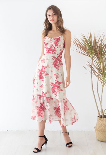 Plum Blossom Shirred Cami Midi Dress