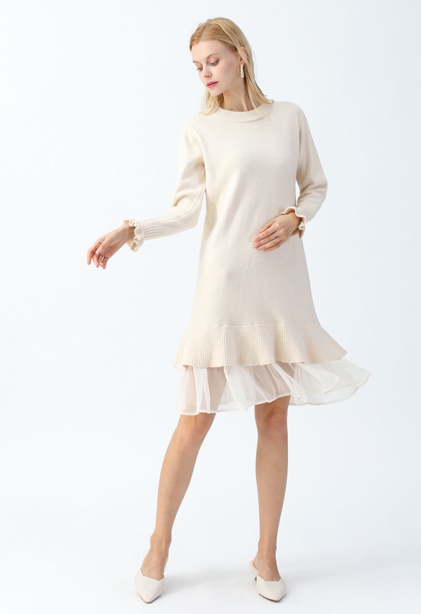 Organza Ruffle Hem Knit Shift Dress in Cream