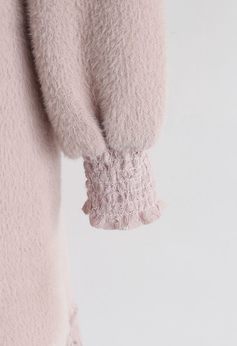 Lace Hem Fluffy Knit Shift Dress in Pink
