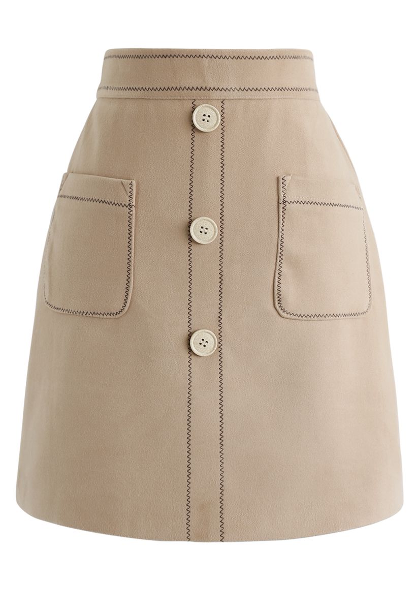 Contrasted Pockets Buttoned Mini Skirt in Tan