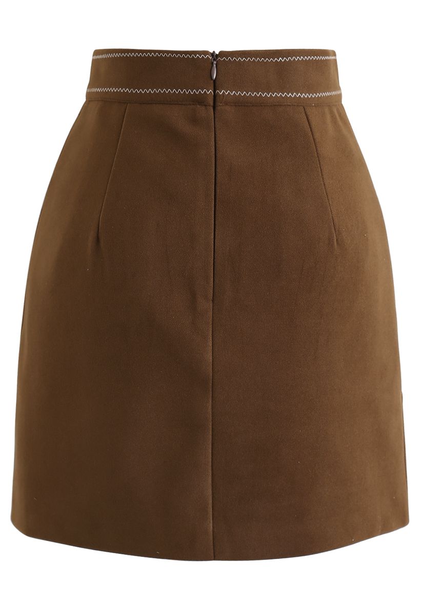 Contrasted Pockets Buttoned Mini Skirt in Brown