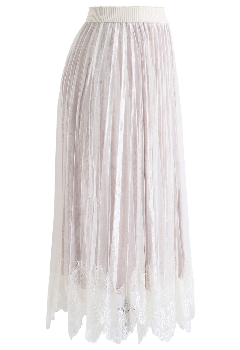 Asymmetric Lacy Hem Mesh Velvet Skirt in White - Retro, Indie and ...