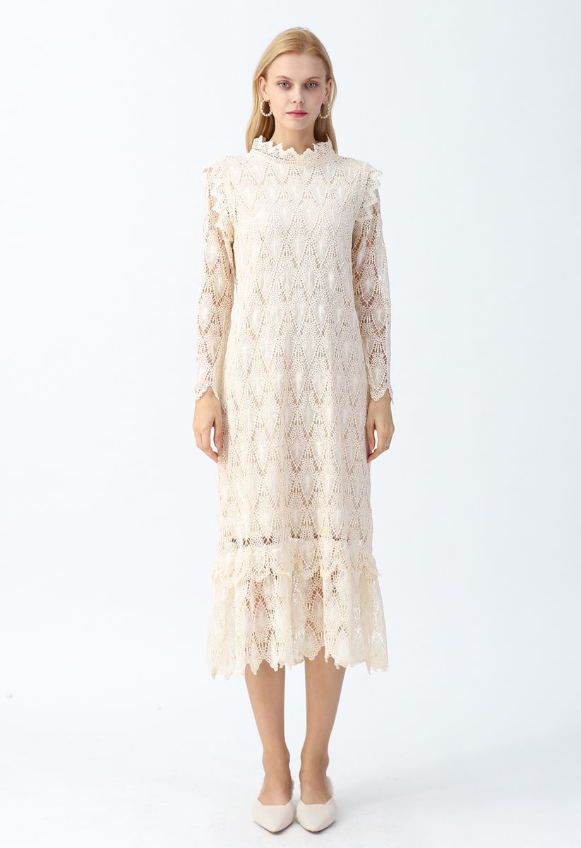 Full Crochet Sleeves Shift Dress in Cream