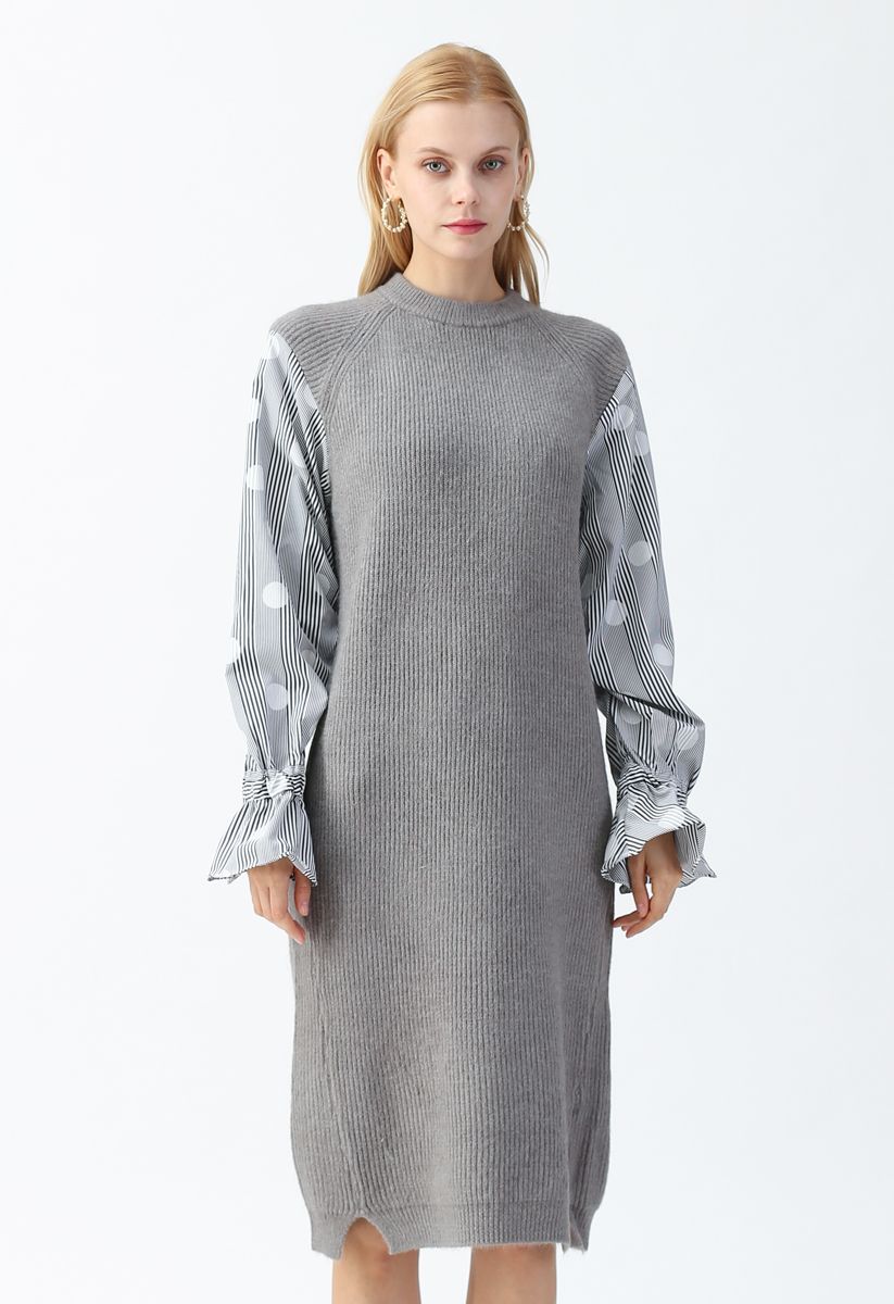 Spliced Sleeves Ribbed Knit Shift Dress in Grey