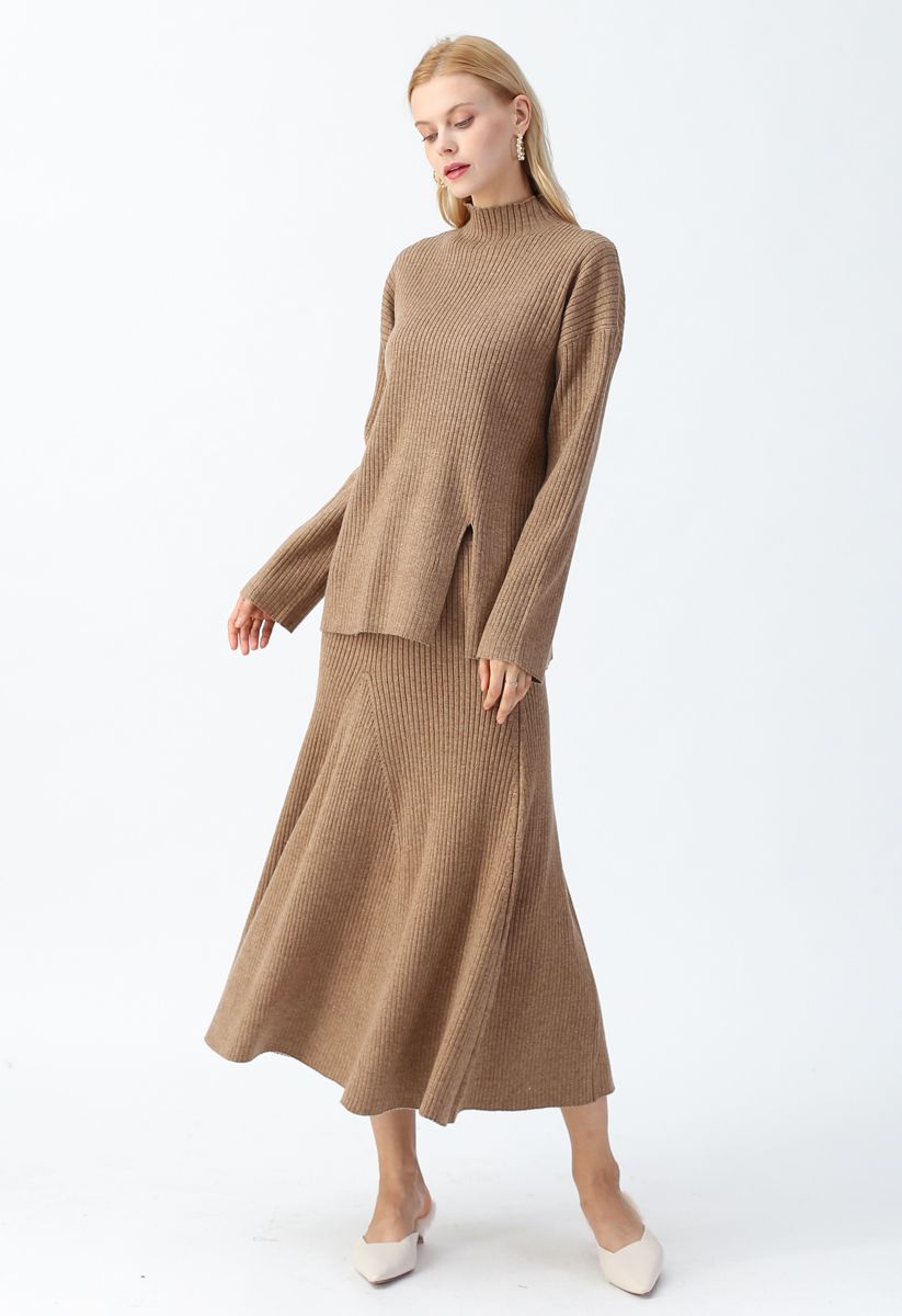 Side Slit Ribbed Knit Sweater and Skirt Set in Caramel