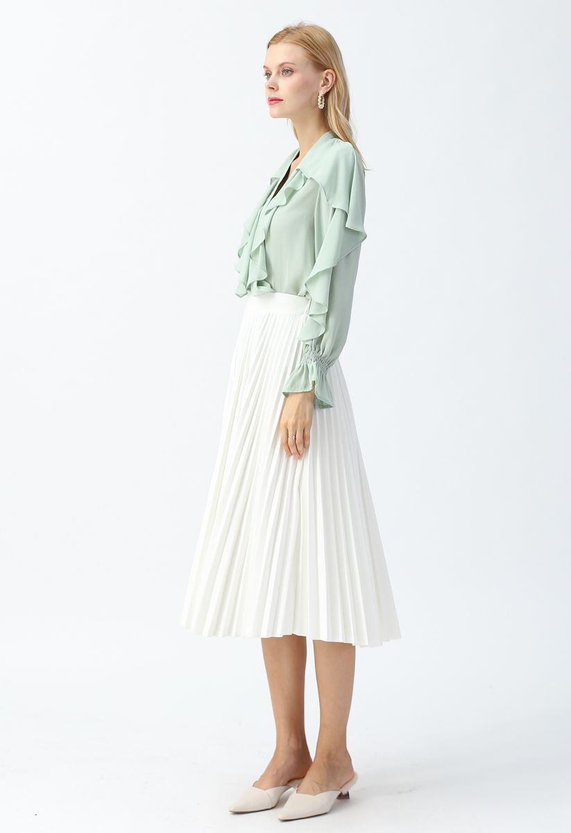 Full Pleated A-Line Midi Skirt in White