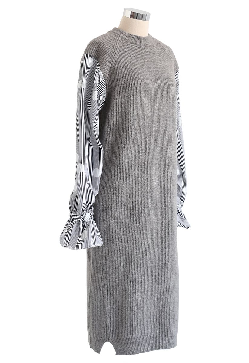 Spliced Sleeves Ribbed Knit Shift Dress in Grey