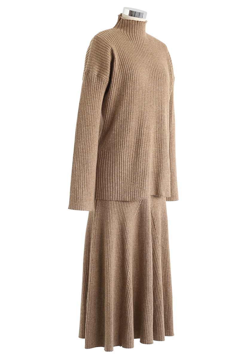 Side Slit Ribbed Knit Sweater and Skirt Set in Caramel