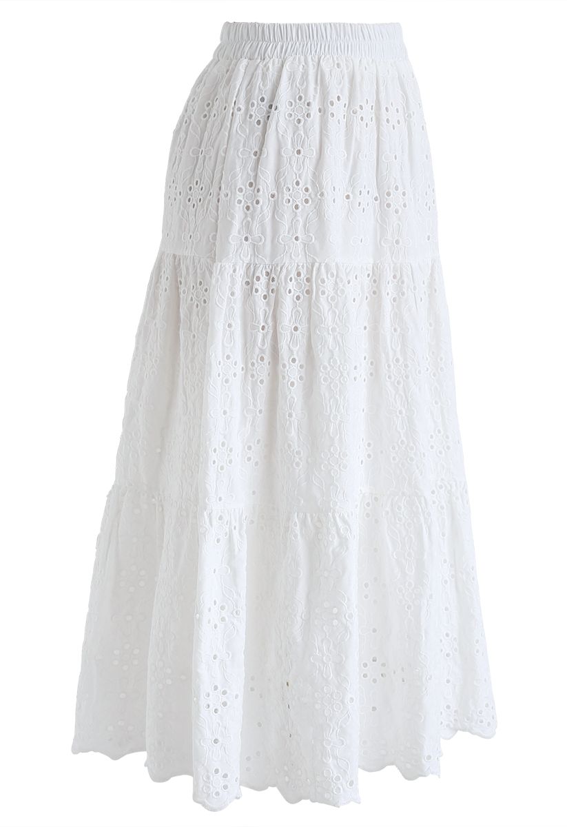 Eyelet Embroidered Midi Skirt in White - Retro, Indie and Unique Fashion