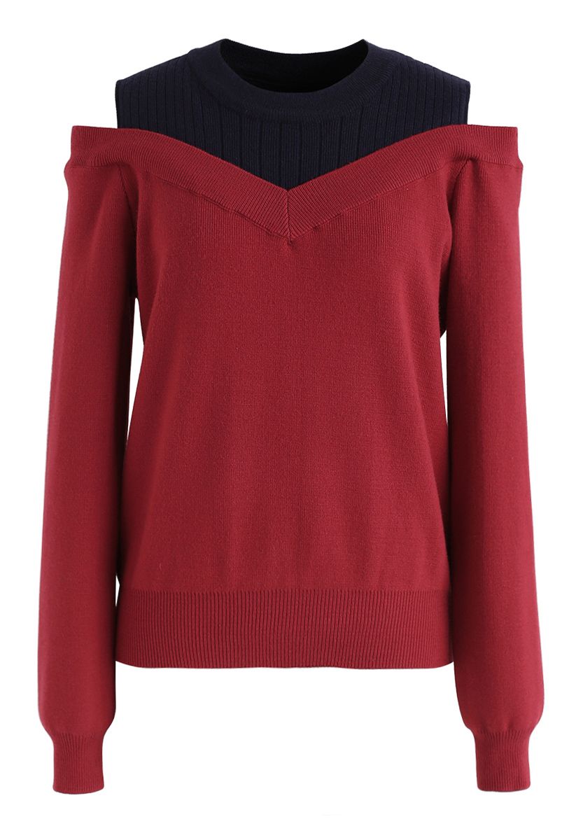 Bicolor Ribbed Knit Top in Red
