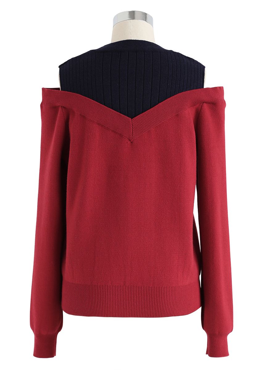 Bicolor Ribbed Knit Top in Red