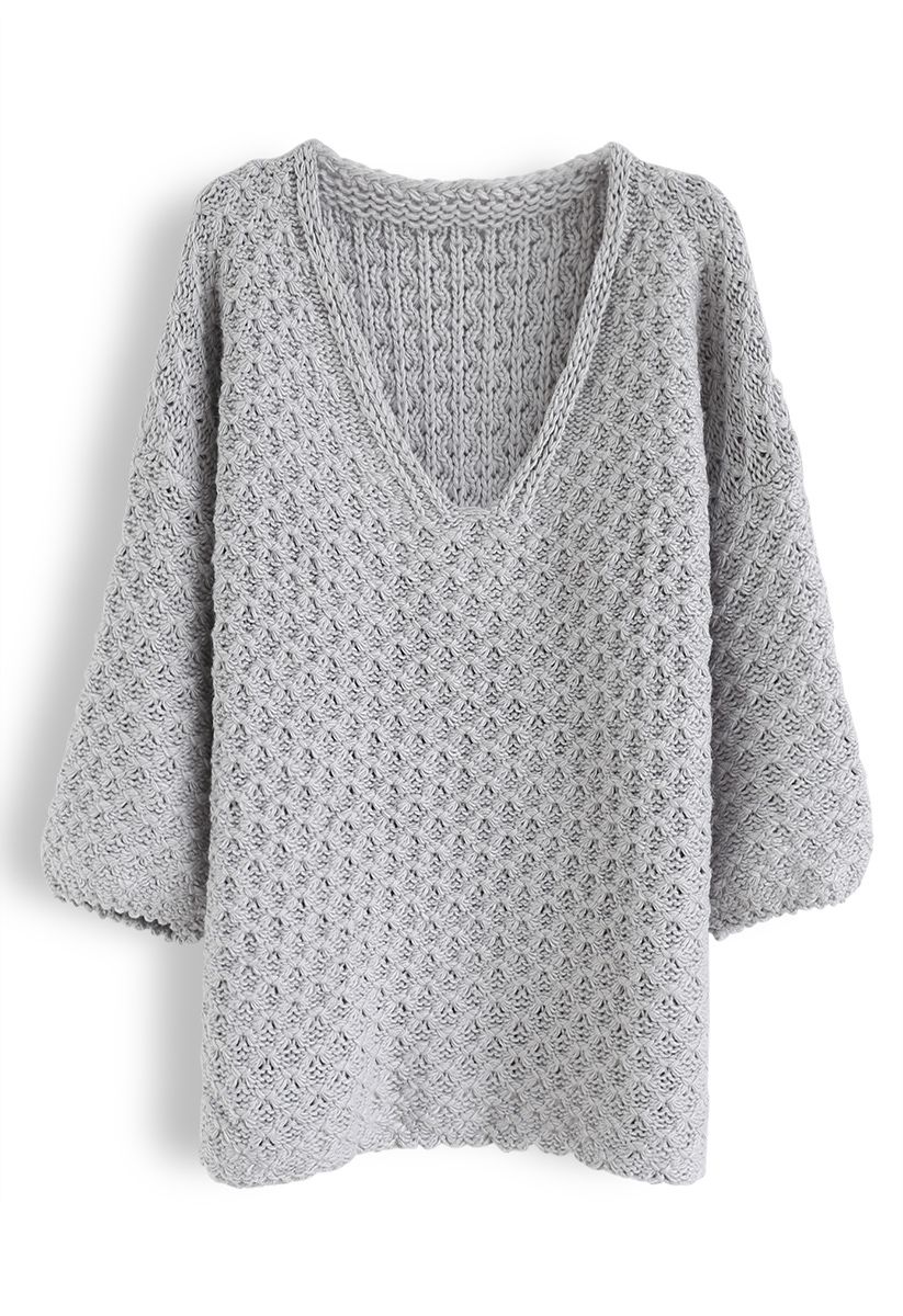 Hollow Out V-Neck Oversized Knit Sweater in Grey