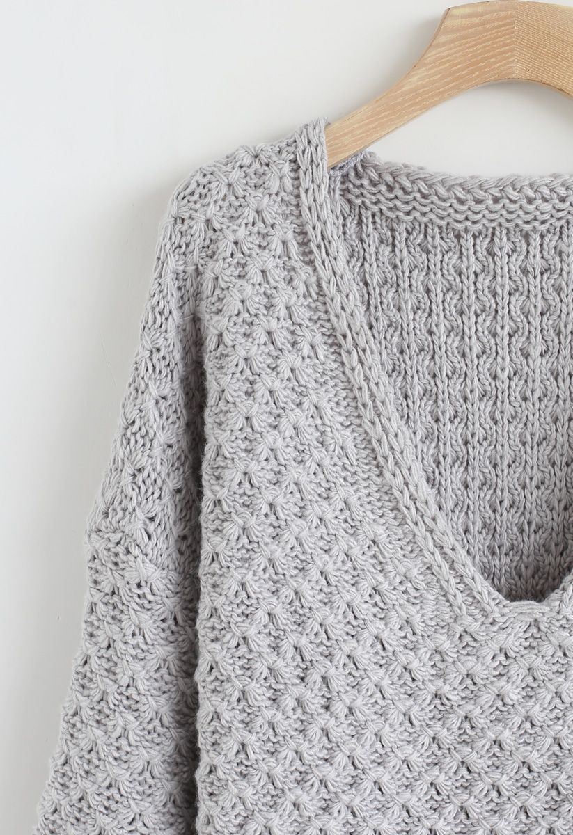 Hollow Out V-Neck Oversized Knit Sweater in Grey