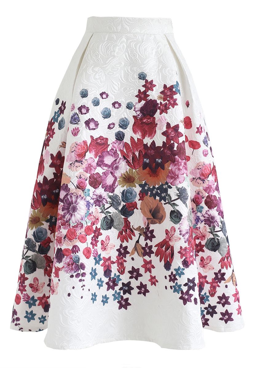 Pinky Floral Print Embossed Midi Skirt