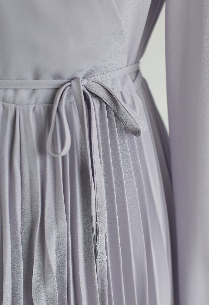 Lilac V-Neck Wrap Pleated Chiffon Dress 