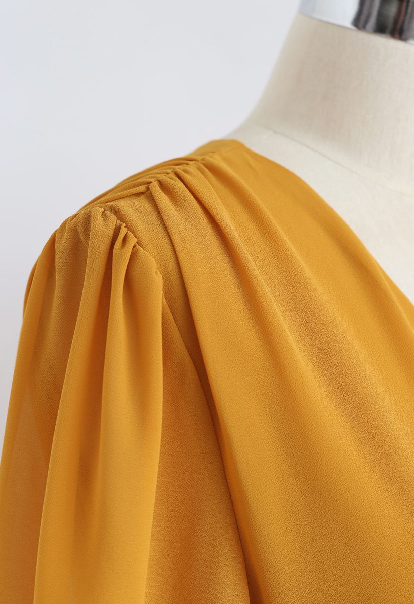 Mustard V-Neck Wrap Pleated Chiffon Dress 