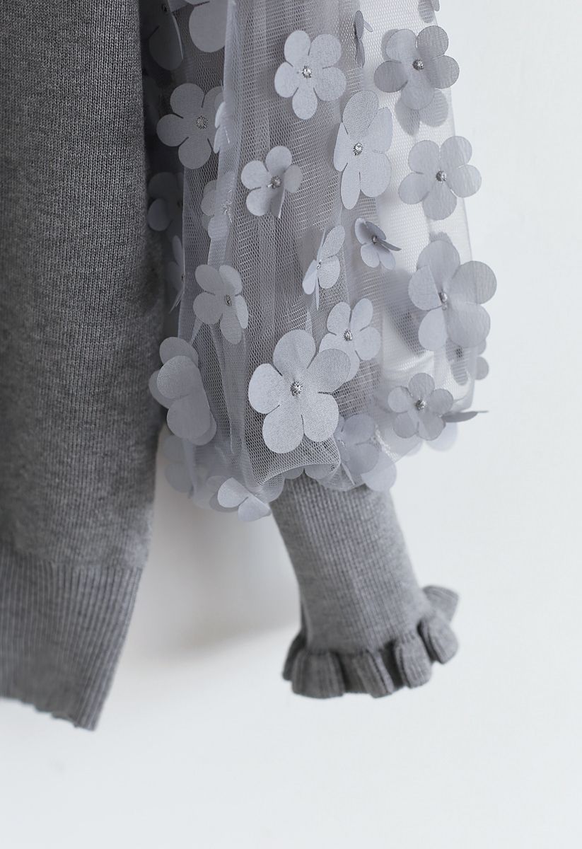 3D Flower Mesh Sleeves Knit Top in Grey