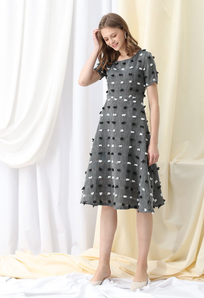 3D Cotton Dots Embellished Midi Dress