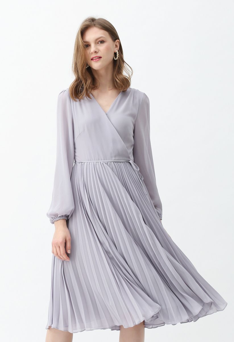 Lilac V-Neck Wrap Pleated Chiffon Dress 