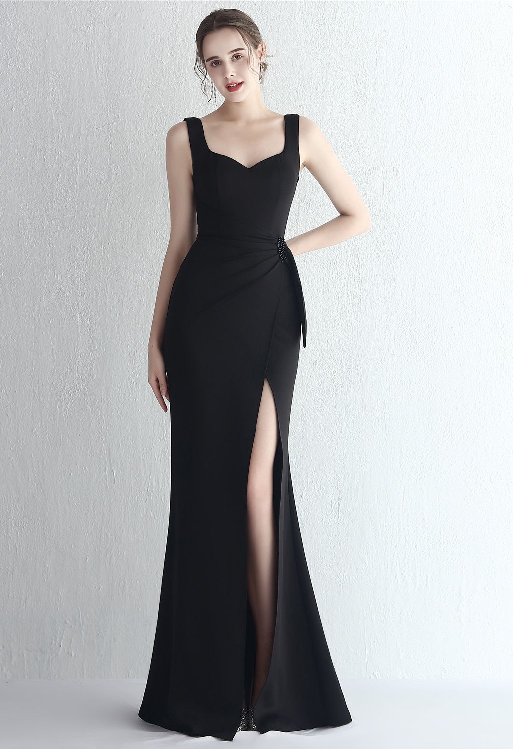 Ruched Waist High Slit Gown in Black