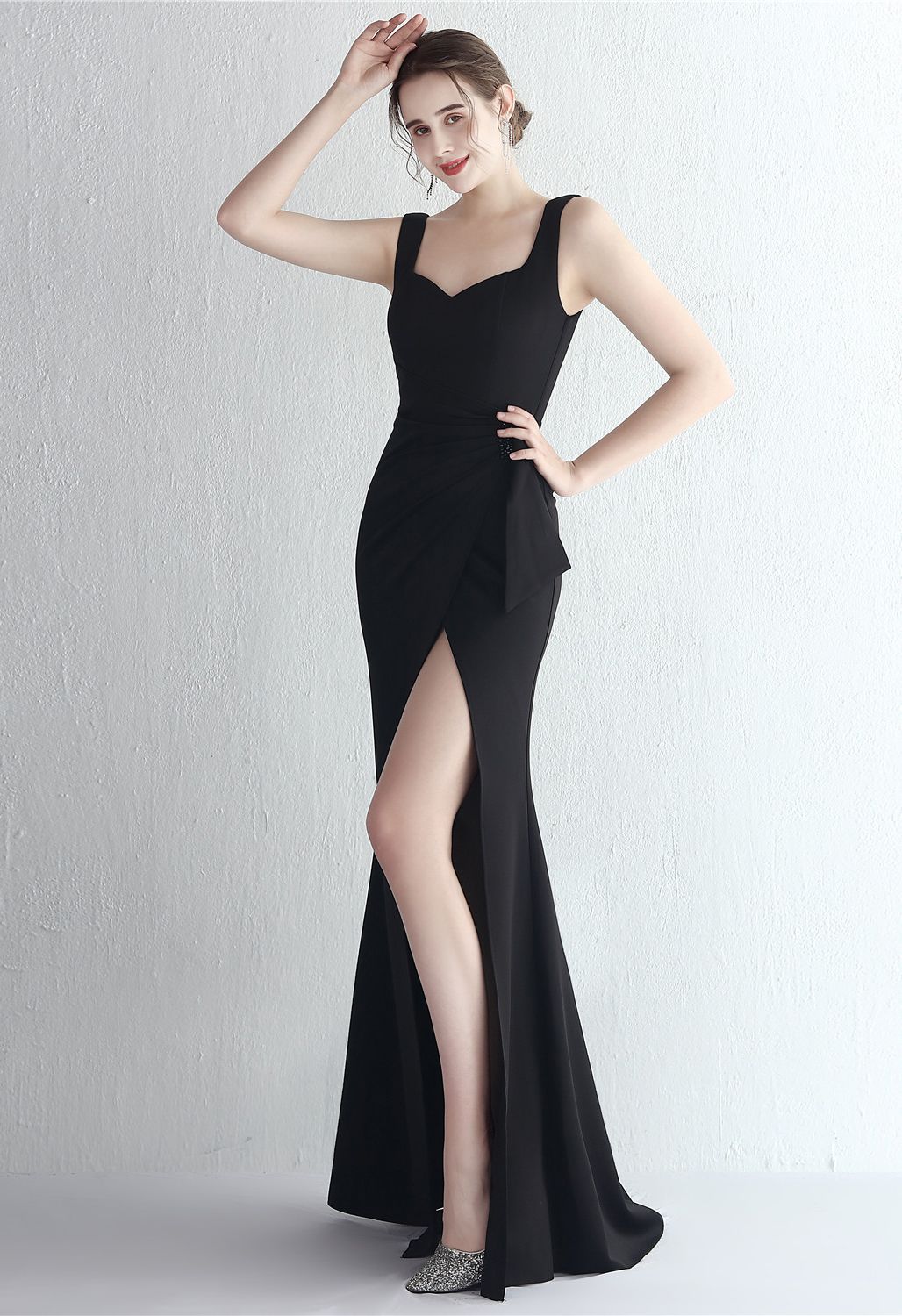 Ruched Waist High Slit Gown in Black