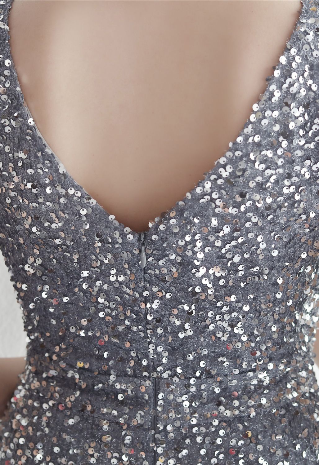 Glittering Sequin V-Neck Slit Gown in Silver
