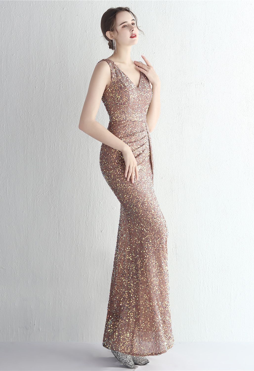 Glittering Sequin V-Neck Slit Gown in Rose Gold