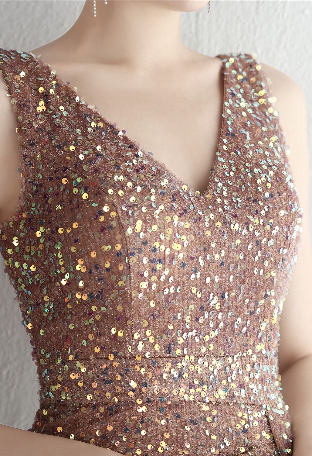 Glittering Sequin V-Neck Slit Gown in Rose Gold