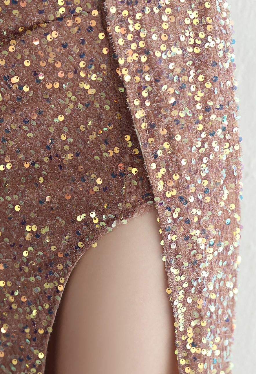 Glittering Sequin V-Neck Slit Gown in Rose Gold