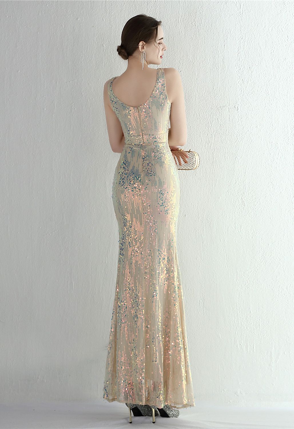 Multi-Color Sequins V-Neck High Slit Gown in Gold