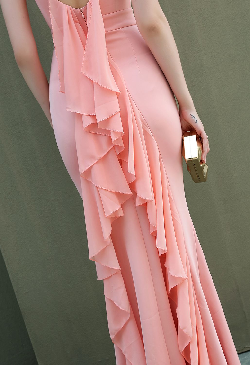 Open Back Cascade Ruffle Sleeveless Gown in Pink