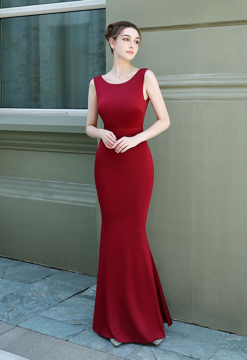 Open Back Cascade Ruffle Sleeveless Gown in Red