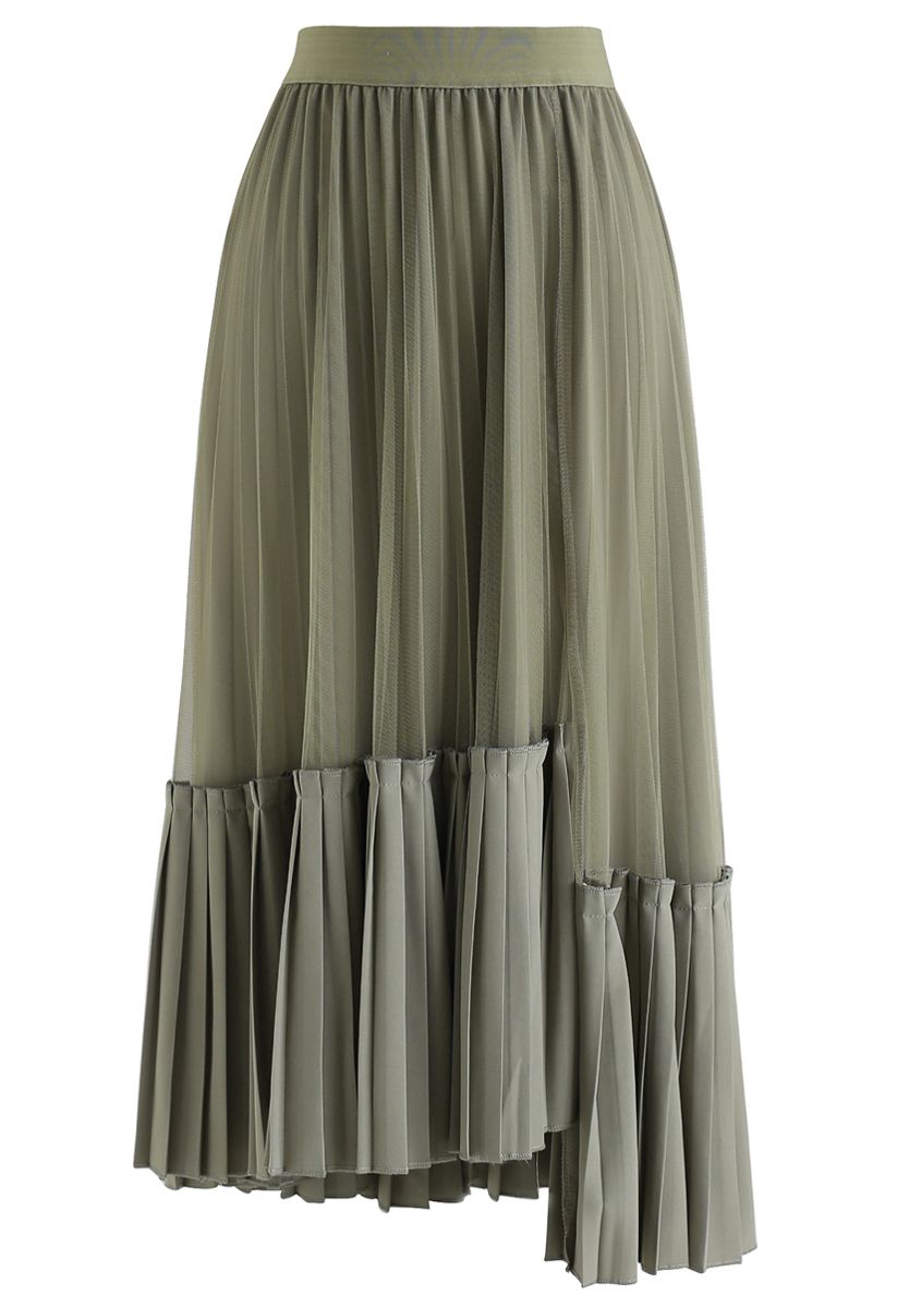 Mesh Asymmetric Hem Pleated Midi Skirt in Olive