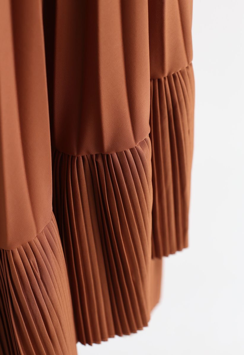 Asymmetric Hem Pleated Midi Skirt in Caramel