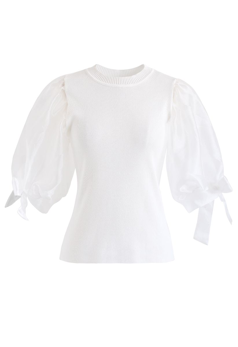 Organza Bubble Sleeves Knit Top in White - Retro, Indie and Unique Fashion