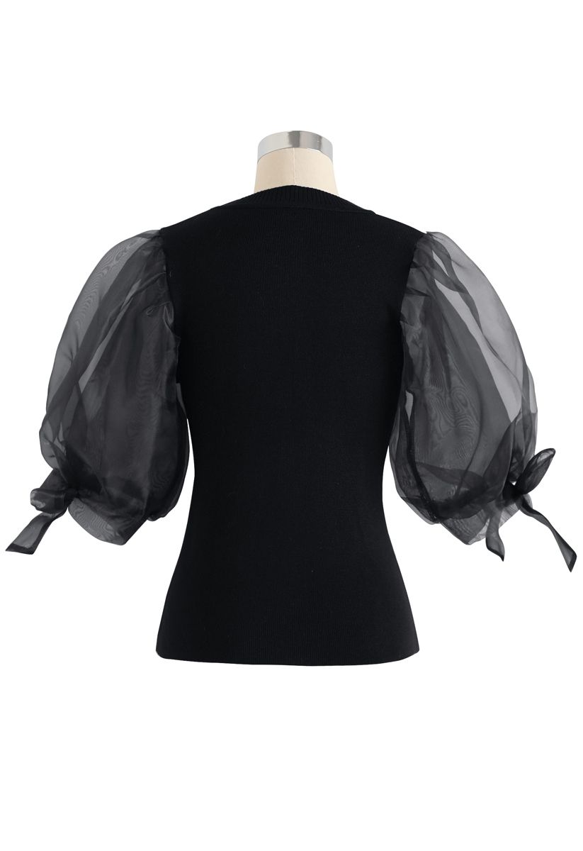 Organza Bubble Sleeves Knit Top in Black